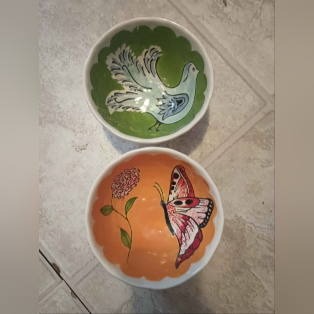 Anthropologie Ceramic Bowls with Bird and Butterfly Design